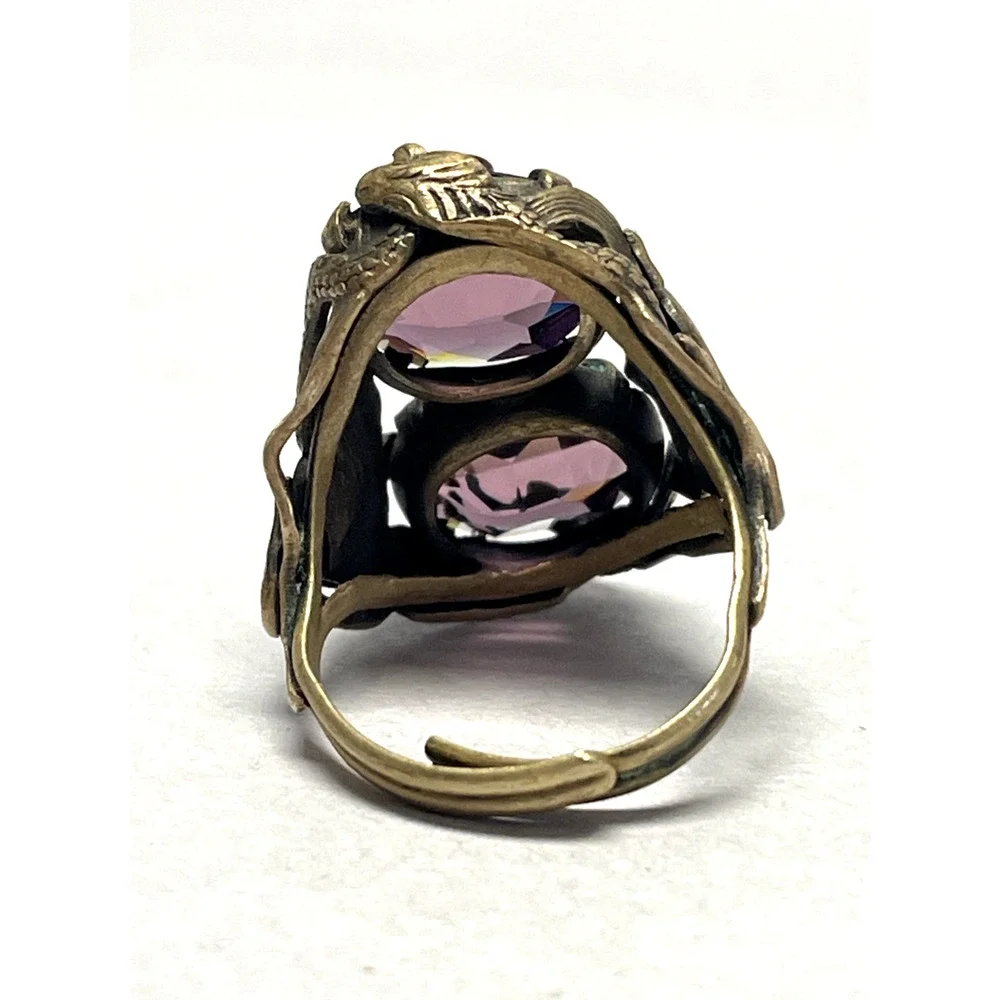 OOAK Vintage Dragon Lizard Adjustable Ring Bronze Purple Faceted Glass Size 6.5